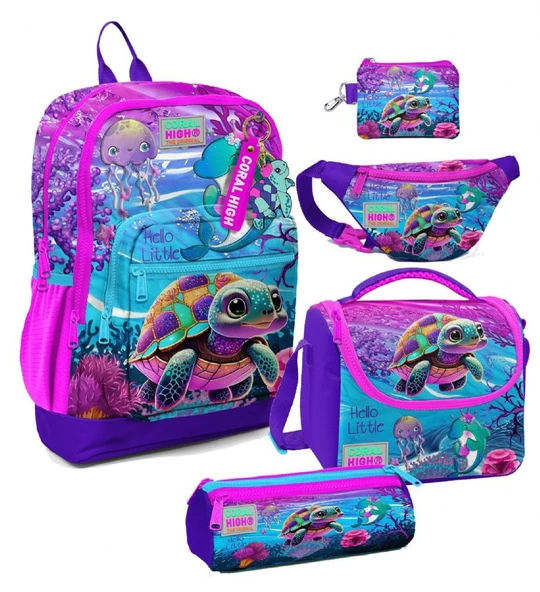Coral High Kız Çocuk Pembe Mor Kaplumbağa Desenli Beşli İlkokul Okul Çanta Seti ürün görseli 1