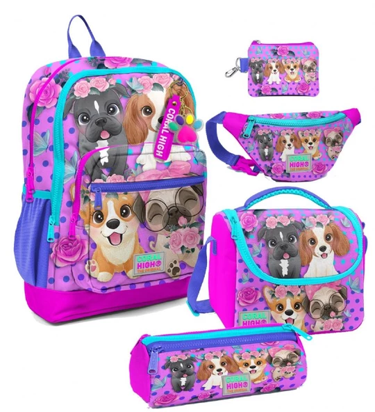 Coral High Kız Çocuk Pembe Köpek Desenli Beşli İlkokul Okul Çanta Seti ürün görseli 1