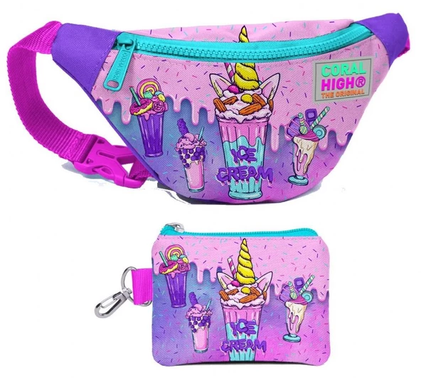 Coral High Kız Çocuk Pembe Mor Dondurma Desenli Bel Çantası ve Bozuk Para Cüzdanı Set ürün görseli 1