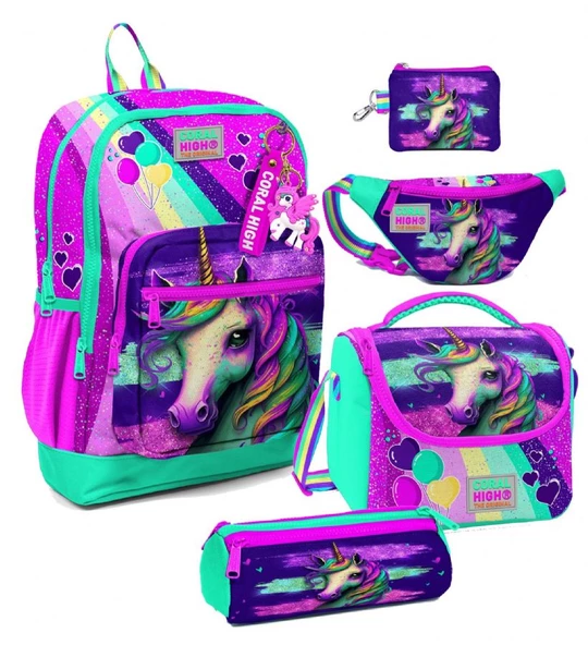 Coral High Kız Çocuk Pembe Su Yeşili Unicorn Desenli Beşli İlkokul Okul Çanta Seti ürün görseli 1