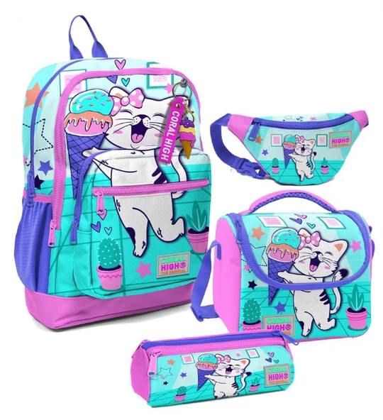 Coral High Kız Çocuk Turkuaz Pembe Dondurmalı Kedi Desenli İlkokul Okul Çanta Seti ve Bel Çantası ürün görseli 1