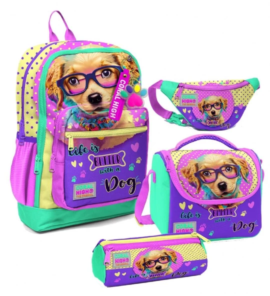 Coral High Kız Çocuk Sarı Pembe Sevimli Köpek Desenli İlkokul Okul Çanta Seti ve Bel Çantası ürün görseli 1