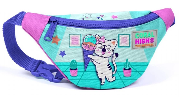 Coral High Turkuaz Pembe Dondurmalı Kedi Baskılı Kız Çocuk Bel Çantası ürün görseli 1