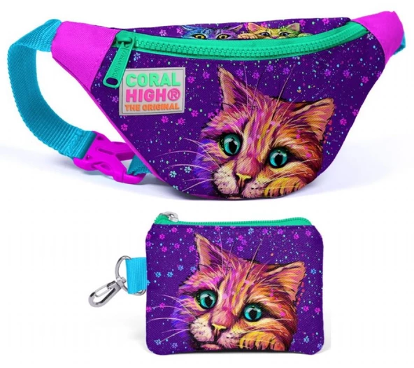 Coral High Mor Kedi Bel Çantası ve Bozuk Para Çantası Seti - Kız Çocuk ürün görseli 1