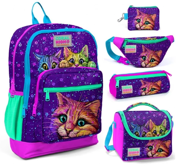 Coral High Mor Kedi Beşli Okul ve Günlük Çanta Seti ürün görseli 1