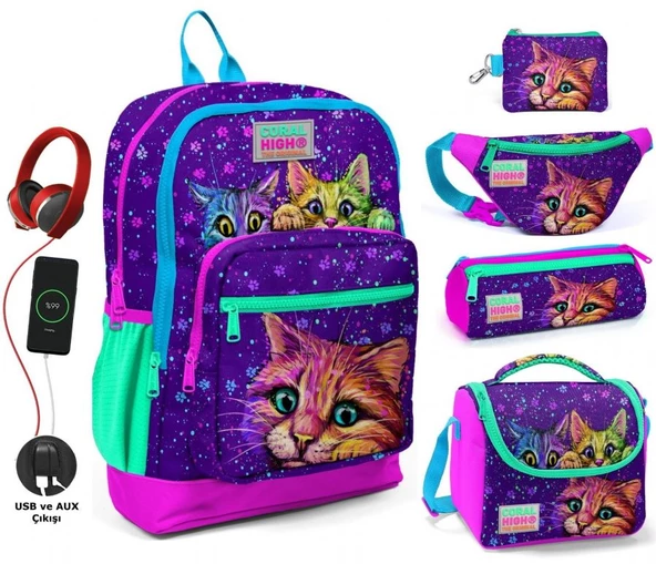 Coral High Mor Kedi USB Soketli Beşli Okul Çantası Seti - Kız Çocuk ürün görseli 1