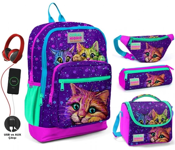 Coral High Mor Kedi USB Soketli Okul Çanta Seti ve Bel Çantası - Kız Çocuk ürün görseli 1