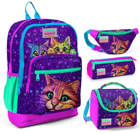 Coral High Mor Kedi Üçlü Okul Çantası ve Bel Çantası Seti ürün görseli 1