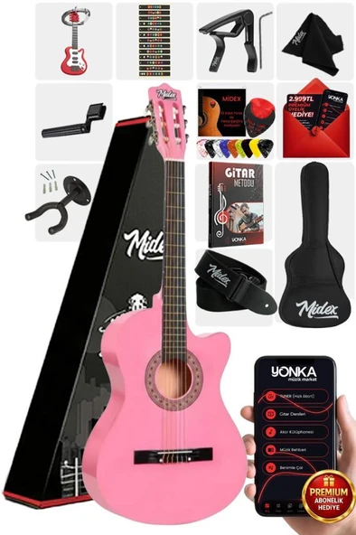 Midex CG-390PK-XBAG Pembe Renk Klasik Gitar 4/4 Sap Ayarlı Kesik Kasa (Çanta Tuner Askı Capo Metod Pena) ürün görseli 1