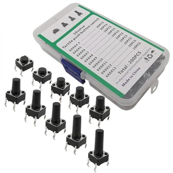 200 Parça Tact Switch Seti 6x6 Dip Kılıf 10 Farklı Boy Plastik Çantada ürün görseli 1