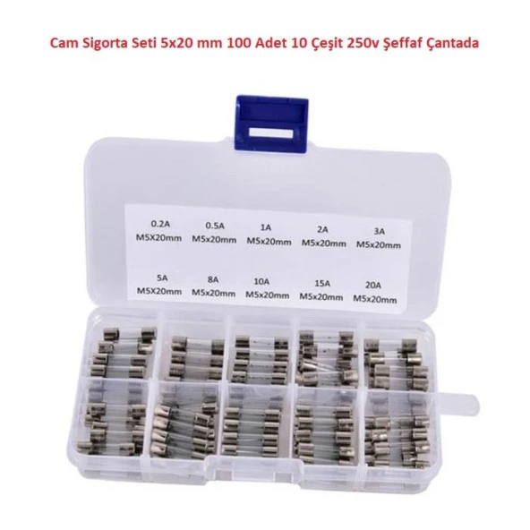 Cam Sigorta Seti 5x20 mm 100 Adet 10 Çeşit 250v Şeffaf Çantada ürün görseli 1
