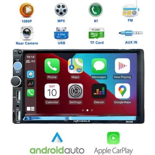 Navigold DS-638 MP5, FM, Bluetooth, CarPlay, Android Auto, Çift USB Double Teyp ürün görseli 1
