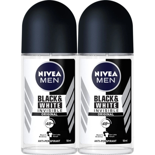 NIVEA Men Erkek Roll on Deodorant Invisible Black&White Original, 48 Saat Anti-perspirant Koruma 50 ml x 2 Adet ürün görseli 1