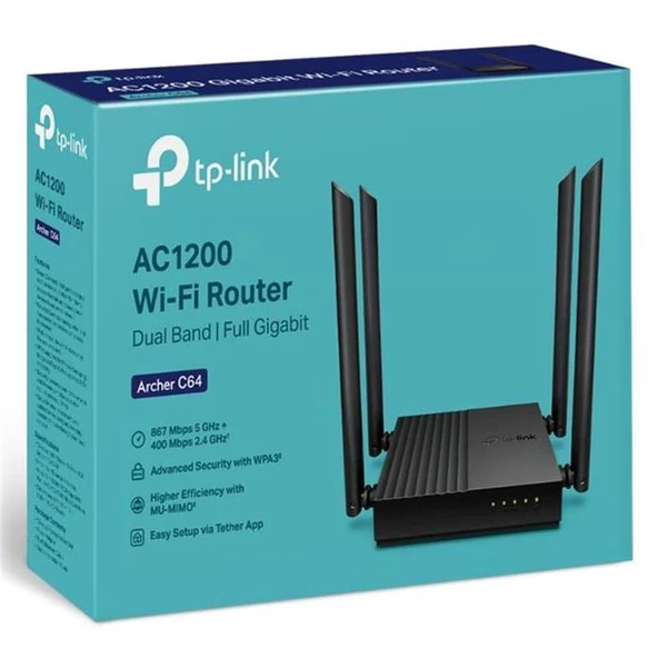Tp-Lınk Archer C64 Ac1200 2.4/5Ghz 1200Mbps Mu-Mımo Ic Ortam Kablosuz Wıfı Router ürün görseli 1