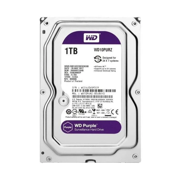 WD PURPLE WD10PURZ 1TB 3.5" 5400 RPM 64MB SATA-3 Güvenlik Diski ürün görseli 1