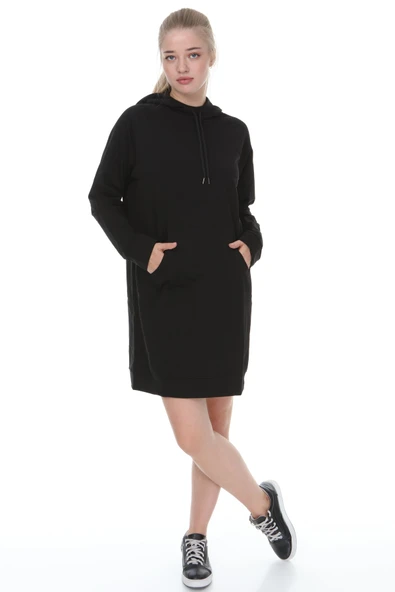 Palena - PLNA4550 - Büyük Beden Kapüşonlu Kanguru Cepli Uzun Sweatshirt - Beden Siyah & Kol Siyah ürün görseli 1