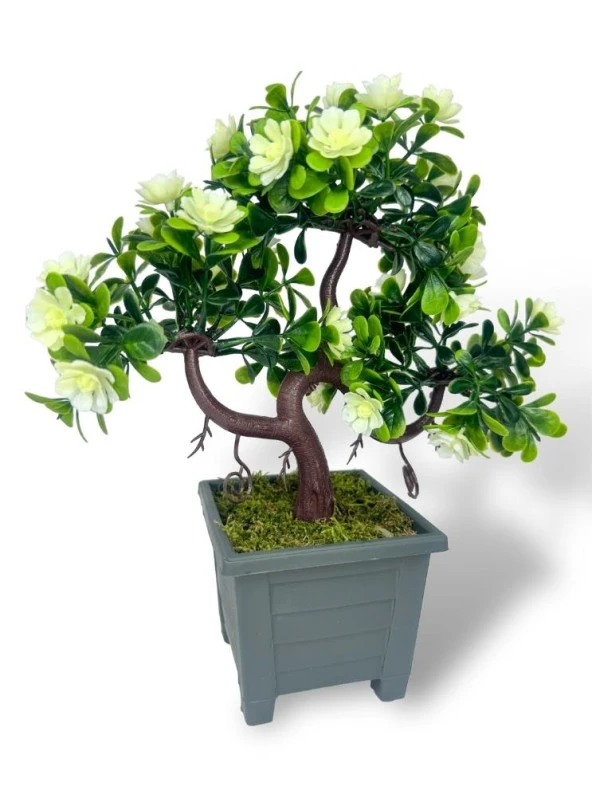 Nettenevime Yapay Çiçek Beyaz Çiçekli Bonsai Ağacı Dekoratif Yapay Ağaç Bonzai 29*24 CM Siyah Kare Saksıda ürün görseli 1