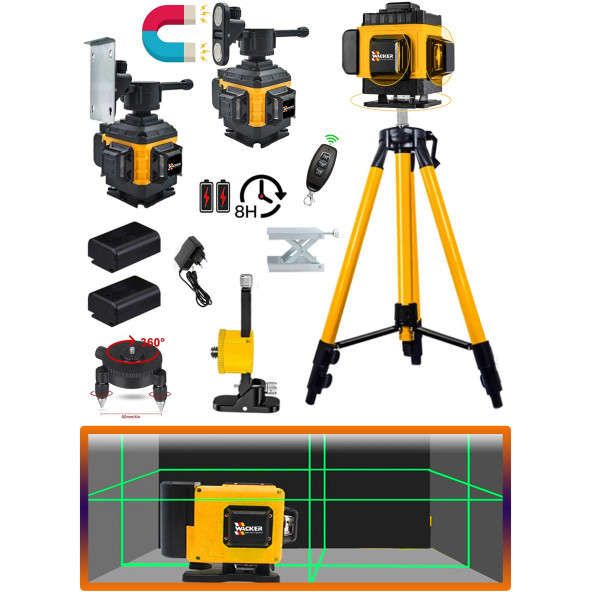 Wacker Pro Germany 1.5 MT TRİPOD  + 16 Köşe 45 Mt Menzil 360 Derece  Artı Lazer Terazi Kumandalı Yeşil Çizgi ürün görseli 1
