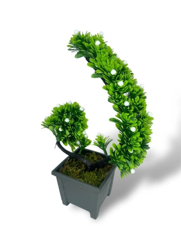 Nettenevime Yapay Çiçek Bonsai Ağacı Beyaz Eğik Model Dekoratif Yapay Ağaç Bonzai 30*22 CM Siyah Kare Saksıda ürün görseli 1