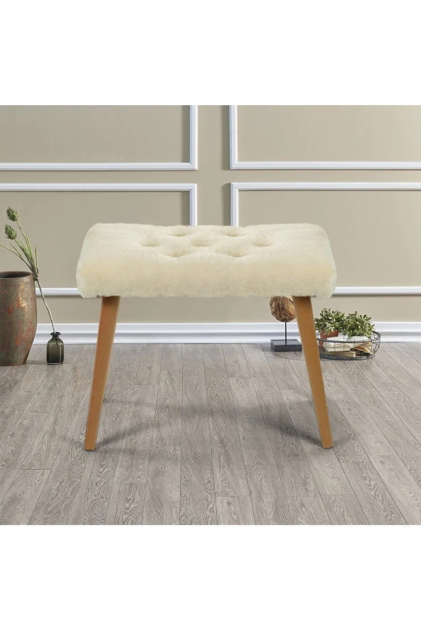 messline - Ahşap Ayaklı Dekoratif Kısa Peluş Puf Bench Makyaj Sandalyesi ürün görseli 1