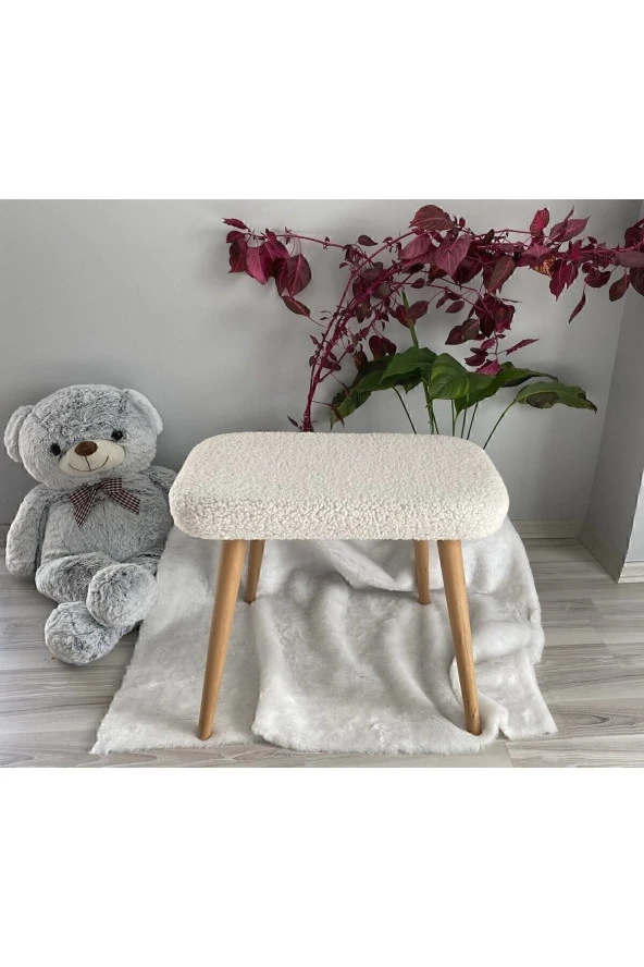 messline -ahşap Ayaklı Teddy Kumaş Dekoratif Puf Bench Makyaj Sandalyesi ürün görseli 1