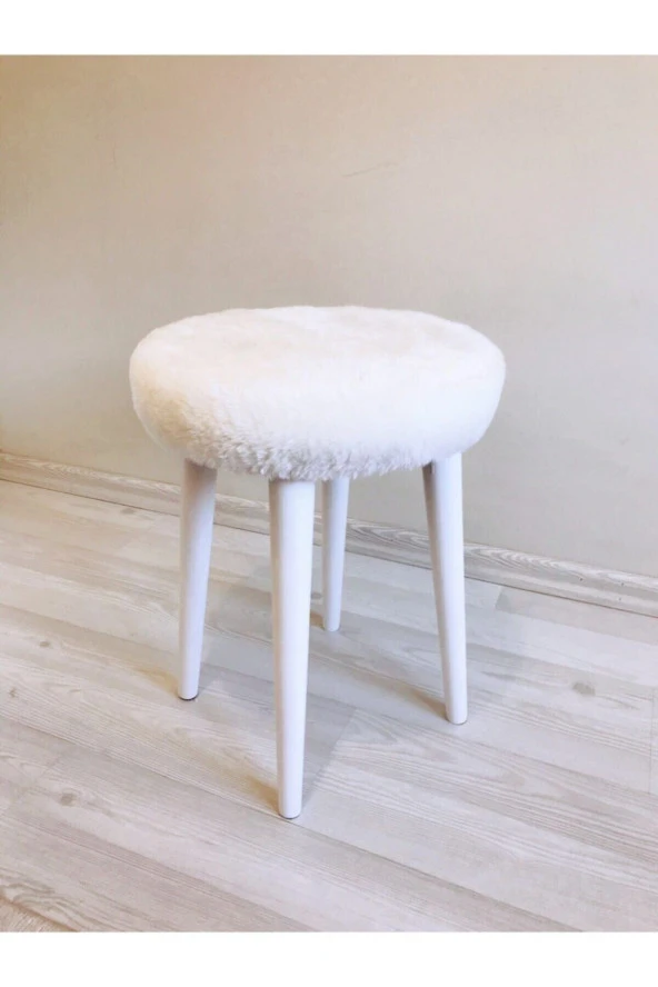 Neta Trade Neta Home Ahşap Ayak Dekoratif Beyaz Peluş Puf Tabure Bench Yuvarlak Koltuk Sandalye 4 Lü Ayak ürün görseli 1