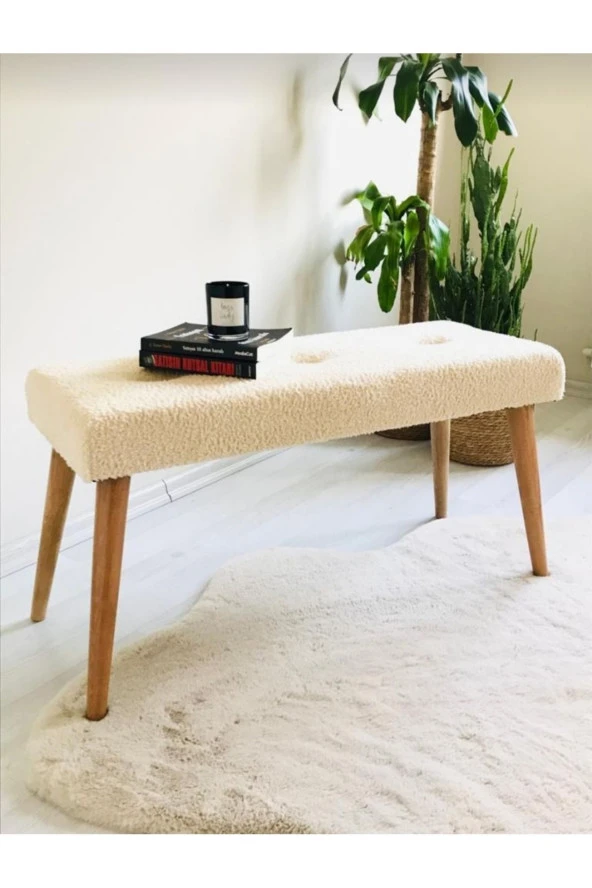 BEYLERBEYİ Ahşap Ayaklı Handmade Geniş Oturum  Krem welsoft Kumaş Pofidik Puf bench ,ayak ucu uzatmalık,berjer ürün görseli 1