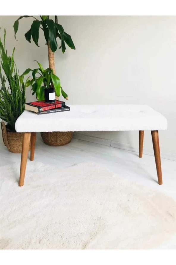 BEYLERBEYİ Ahşap Ayaklı Handmade Geniş Oturum  Krem welsoft Kumaş Pofidik Puf bench ,ayak ucu uzatmalık,berjer ürün görseli 1