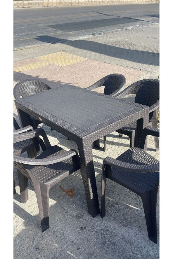 NetBazaars Plastik Sabit Masa 70x120 Rattan Efektli Acı Kahve Plastik Sandalye 6 Adet Xömbx99 ürün görseli 1