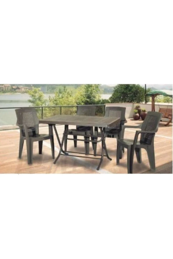 NetBazaars Acı Kahve Plastik Katlanır Masa 70x120 cm ve  Gold Plastik Sandalye 4 Adet ürün görseli 1