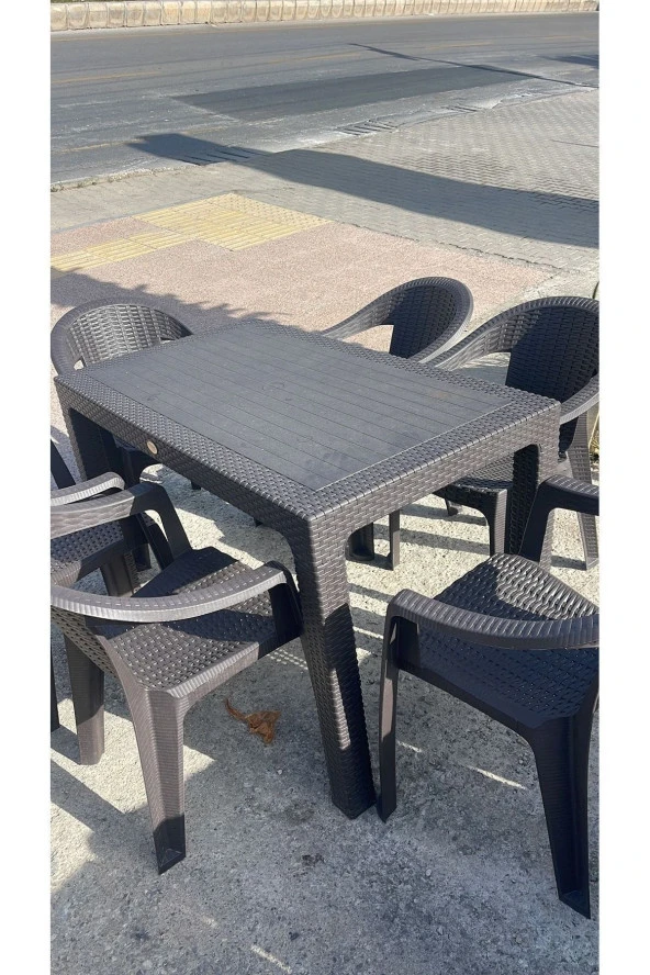NetBazaars Rattan Plastik Sabit Masa 70x120 6 Adet Gold Plastik Sandalye Mobilya (ACI KAHVE RENGİ) Xömbx99 ürün görseli 1