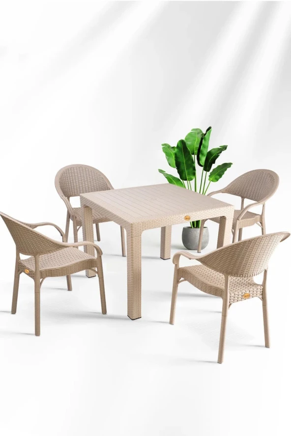 Bambu 90x90 Cm Camsız Rattan Bahçe Balkon Masa Takımı ürün görseli 1
