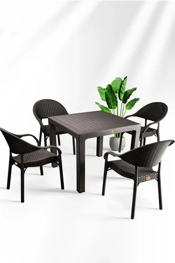 Bambu 90x90 Cm Camsız Rattan Bahçe Balkon Masa Takımı ürün görseli 1