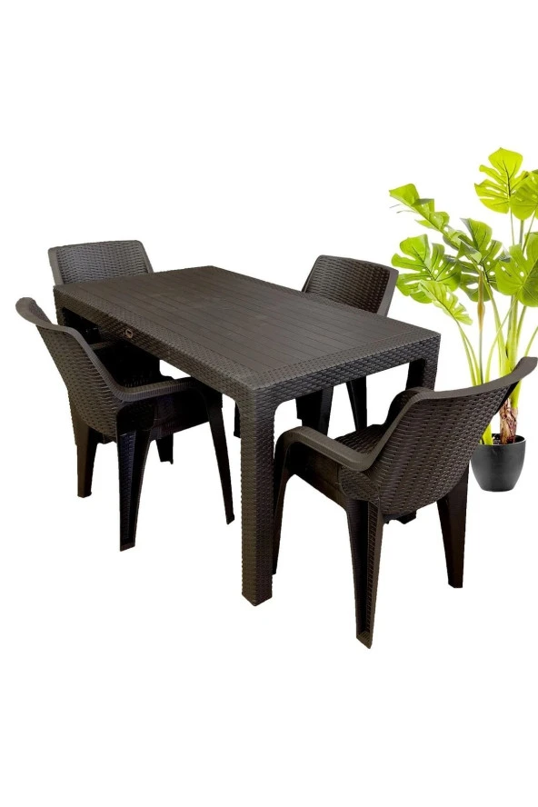 RomanoSet Plastik Romanoset Tiger 70x120 Rattan Plastik Bahçe Ve Balkon Masa Takımı 4 Kişilik ürün görseli 1