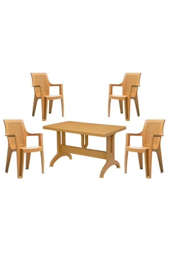 BESAGOLD 6 Adet Elegance Rattan Efektli Teak Sütlü Kahve 70x120 Plastik Masa Sandalye Takımı ürün görseli 1