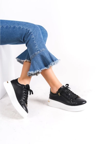 Bağcıklı  Siyah Kadın Sneaker Spor Ayakkabı ürün görseli 1