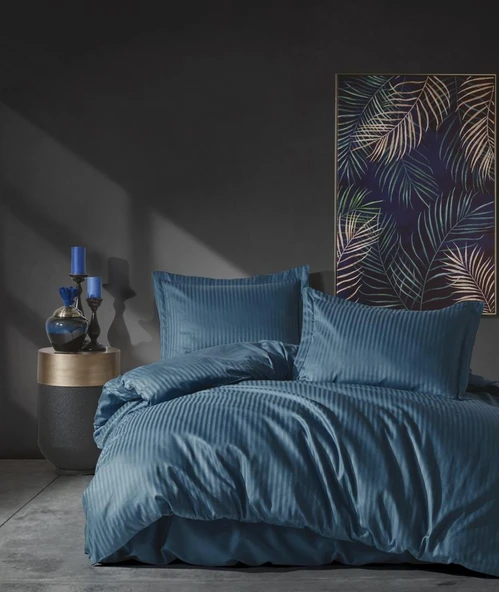 Cotton Box Çift Kişilik Saten Nevresim Takımı Elegante Stripe Mavi ürün görseli 1