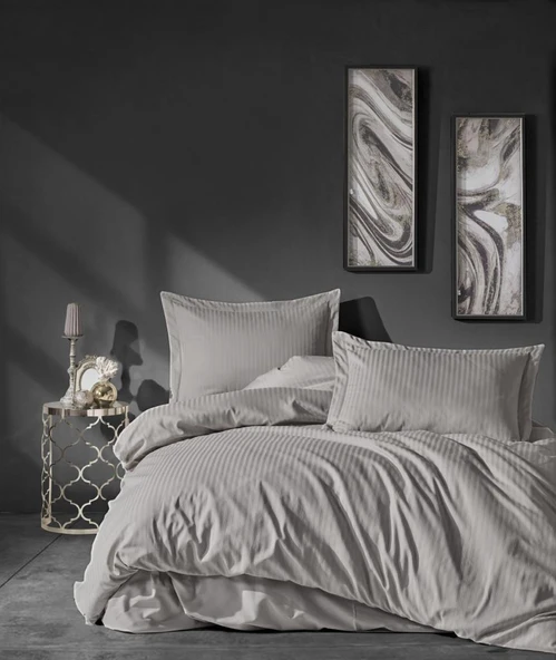 Cotton Box Çift Kişilik Saten Nevresim Takımı Elegante Stripe Bej ürün görseli 1