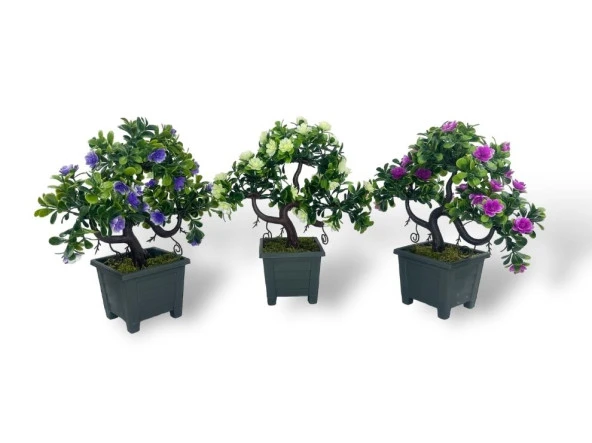 Nettenevime 3lü Set Yapay Çiçek Bonsai Ağacı Çiçekli Model Dekoratif Yapay Ağaç Bonzai 30*15 CM Siyah Kare Saksıda ürün görseli 1