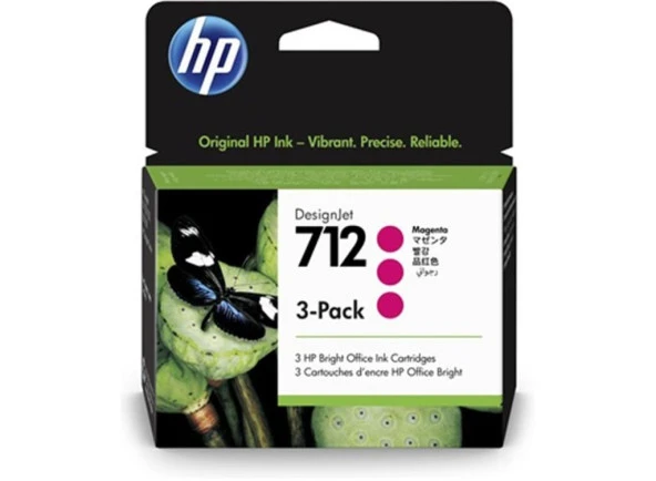 HP 712 Magenta Kırmızı 29ML 3Lü Paket Plotter Kartuşu 3ED78A ürün görseli 1