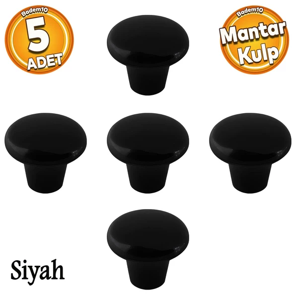 Mantar Düğme Sert Plastik Kulp Siyah Dolap Mobilya Mutfak Dolabı Çekmece Kapak Kulpu Kulbu 5 ADET ürün görseli 1