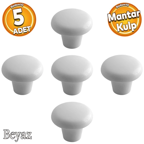 Mantar Düğme Sert Plastik Kulp Beyaz Dolap Mobilya Mutfak Dolabı Çekmece Kapak Kulpu Kulbu 5 ADET ürün görseli 1