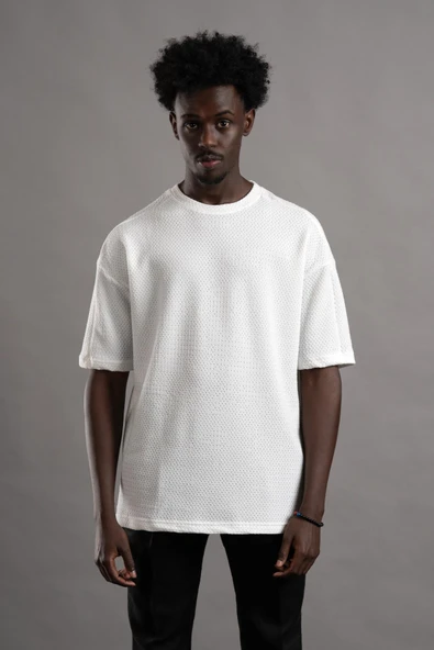 Oversize (Bol Kesim) Bisiklet Yaka Örgülü Likralı Kısa Kol T-shirt ürün görseli 1