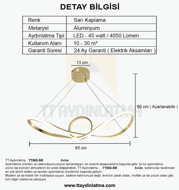 TT Aydınlatma TT002-SR  Papyon Modeli Sarı Kaplama Led Avize - Resim 4