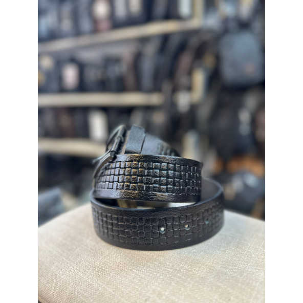 TRG POLO 4 CM HAKİKİ DERİ SİYAH DESENLİ ERKEK KEMERİ ürün görseli 1