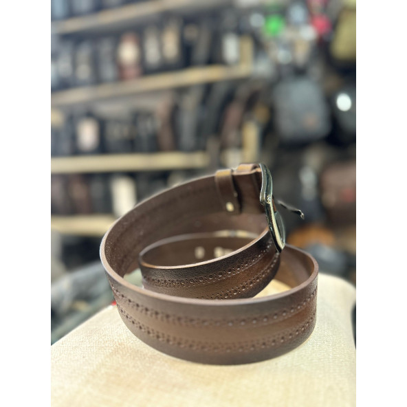 TRG POLO KAHVE 4 CM HAKİKİ DERİ DESENLİ ERKEK KEMERİ ürün görseli 1