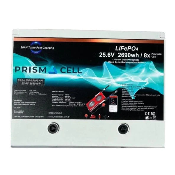 Prismacell Lifepo4 105ah 25.6 Volt Prizmatik Smart Bluetooth 2690 Watt Akü TURBO CHARGING Solar Akü ürün görseli 1