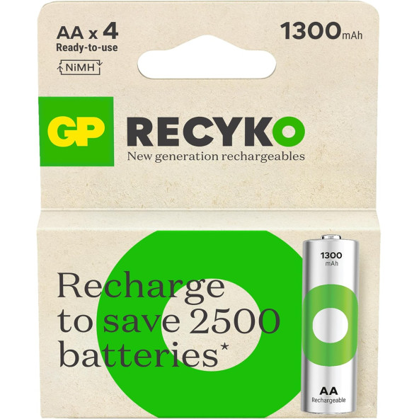 GP Batteries ReCyko 1300 AA Kalem Ni-Mh Şarjlı Pil, 1.2 Volt, 4'lü Kart ürün görseli 1