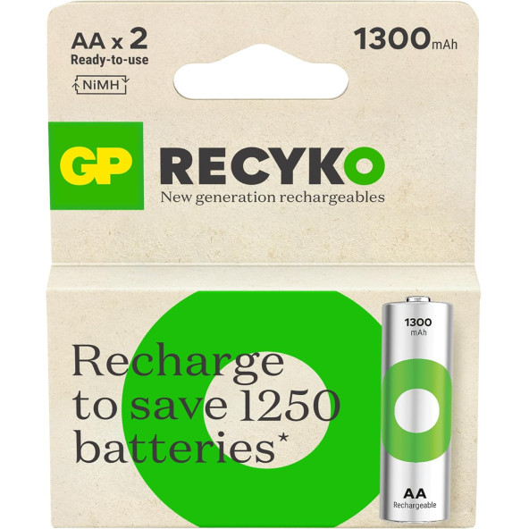GP Batteries ReCyko 1300 AA Kalem Ni-MH Şarjlı Pil, 1.2 Volt, 2'li Kart ürün görseli 1