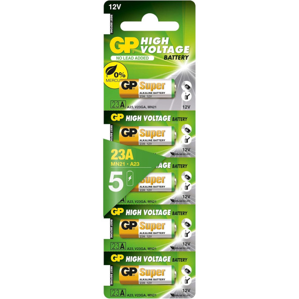 GP Batteries GP23A Süper Alkalin 23A/MN21/V23GA Boy Pil, 12 Volt, 5'li Kart, Bakır/Beyaz/Yeşil ürün görseli 1
